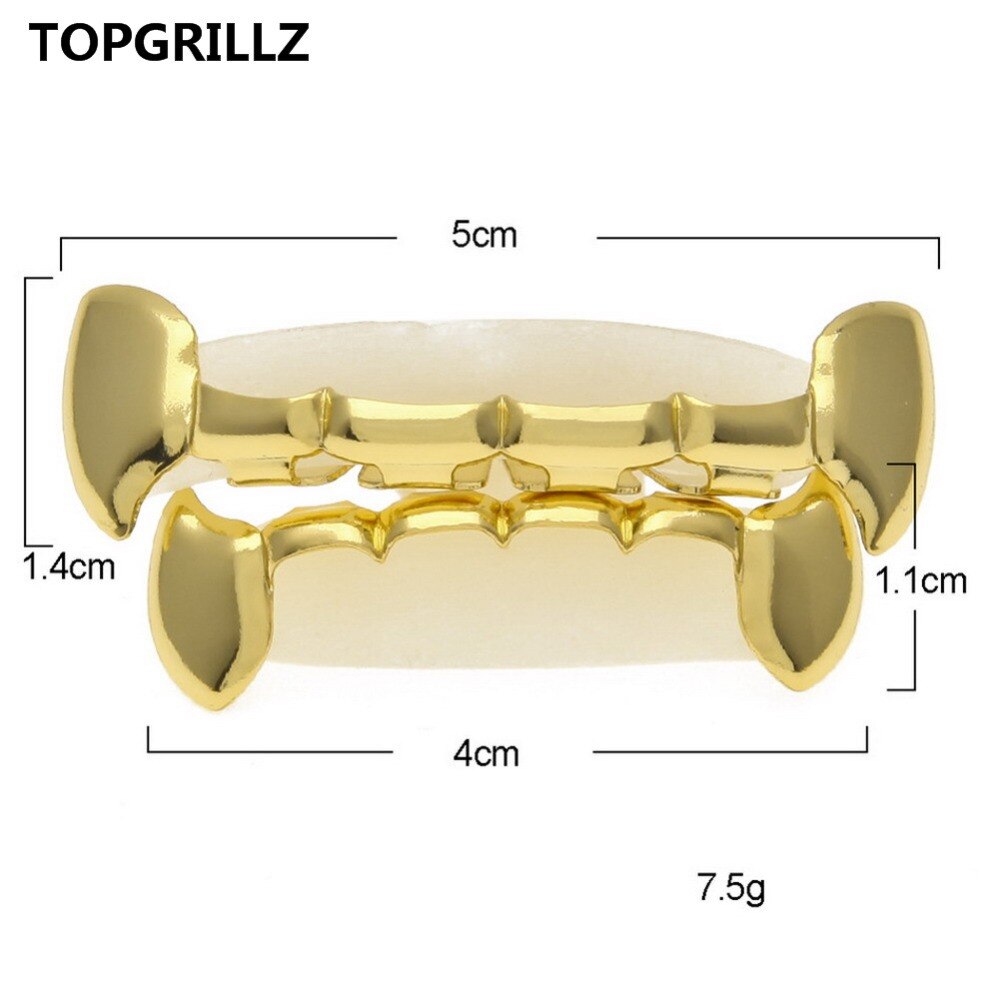 TOPGRILLZ Fang Grillz Set Gold Color Plated Half Teeth Dracula Vampire Fangs Slim Grills Gold Top & Bottom Grillz Teeth Set