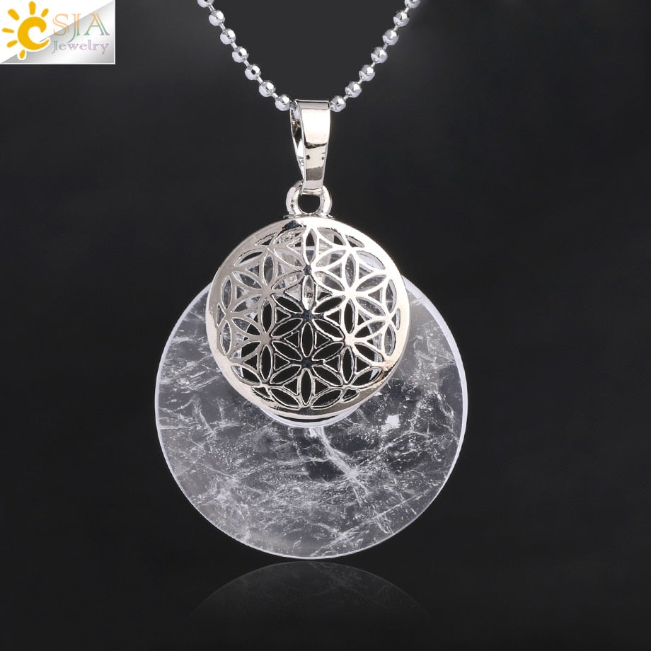 CSJA Natural Stone Flower of Life Pendant Necklace Reiki Amulets Hollow Out Circle Pendants Fit for Women Men Charm Jewelry G052