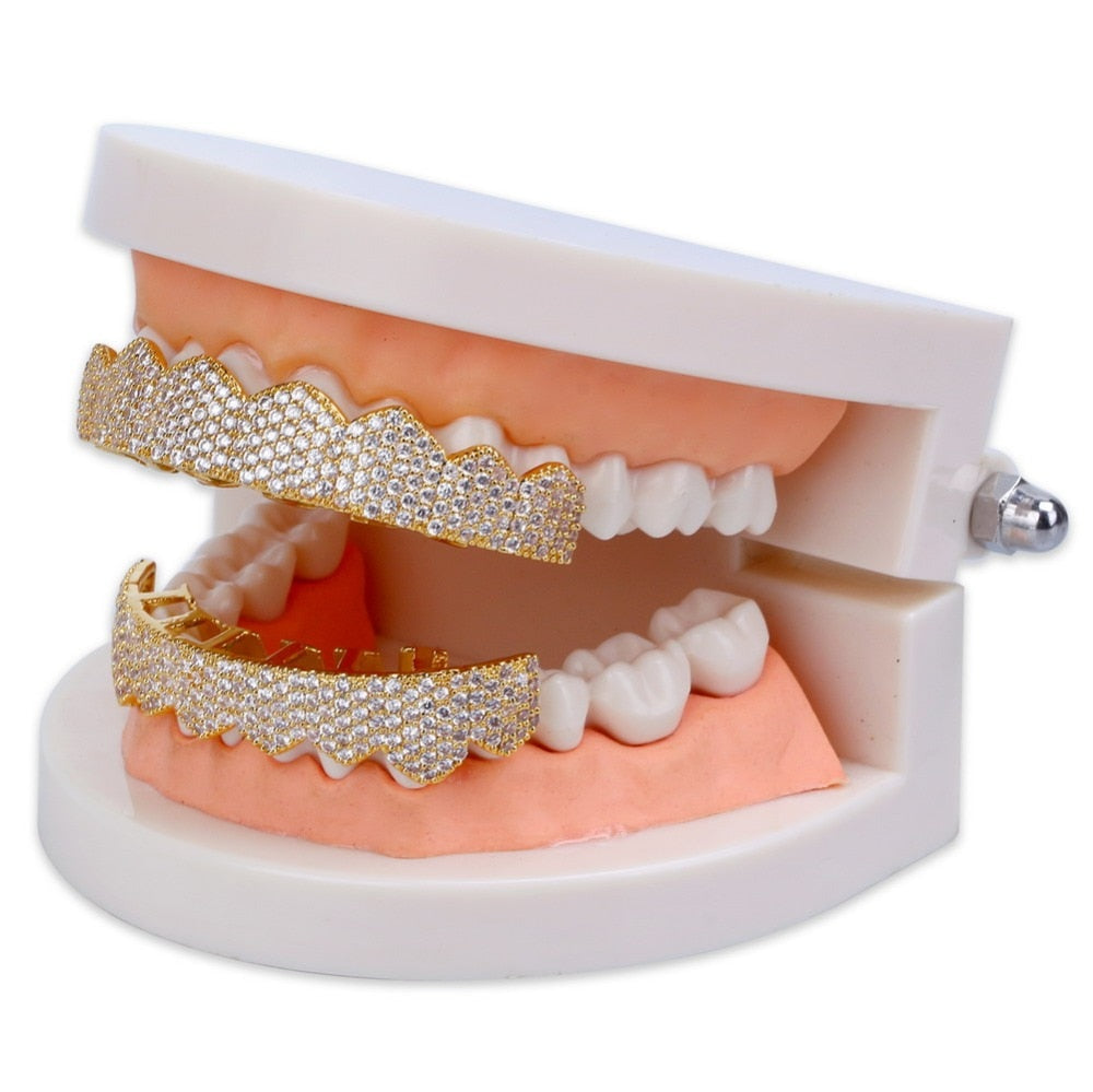 TOPGRILLZ Fit Gold Silver Color Iced Out Hip Hop Teeth Grillz Micro Pave Cubic Zircon Top & Bottom Teeth Grills Set