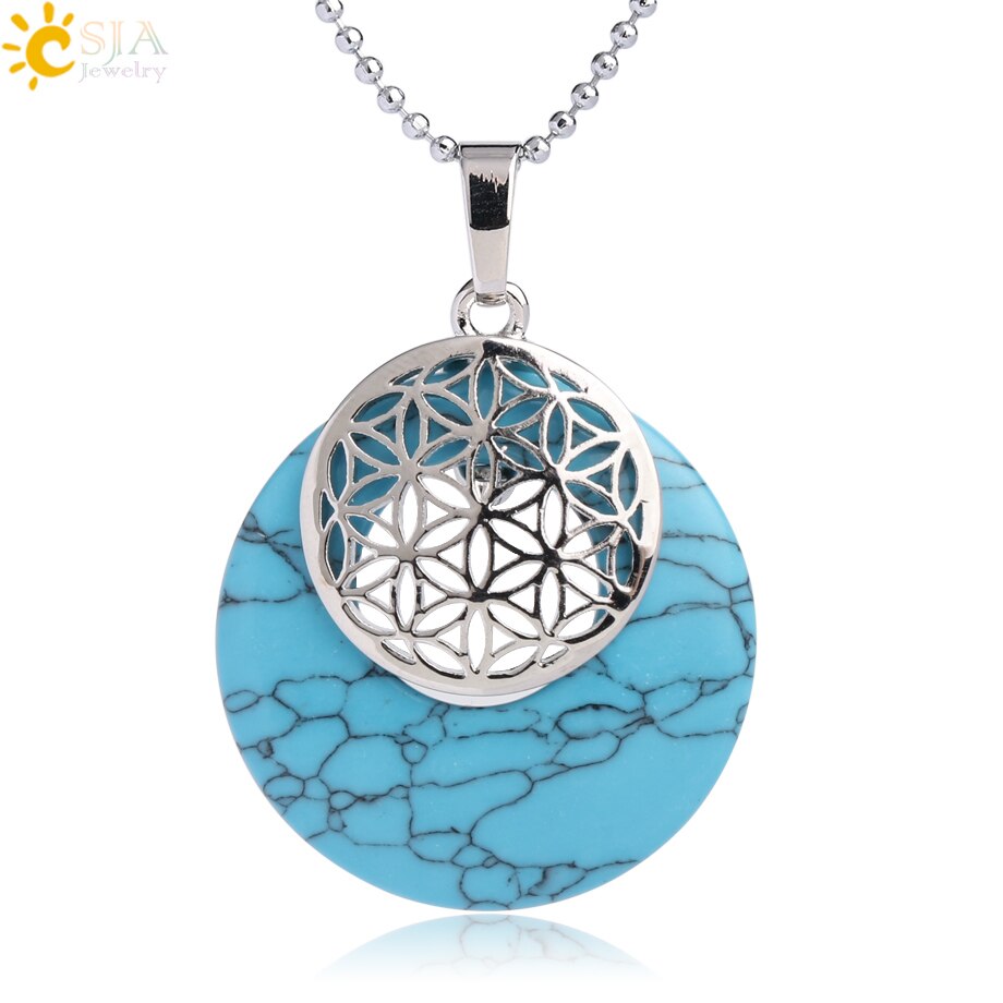 CSJA Natural Stone Flower of Life Pendant Necklace Reiki Amulets Hollow Out Circle Pendants Fit for Women Men Charm Jewelry G052