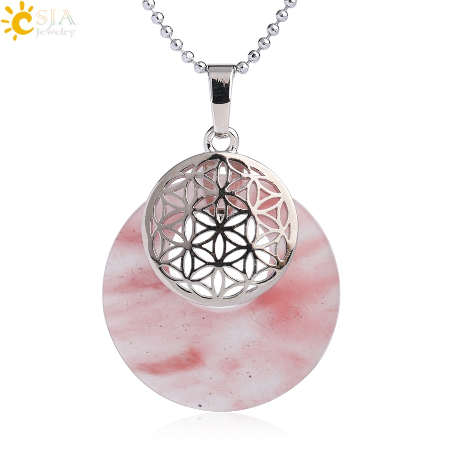 CSJA Natural Stone Flower of Life Pendant Necklace Reiki Amulets Hollow Out Circle Pendants Fit for Women Men Charm Jewelry G052