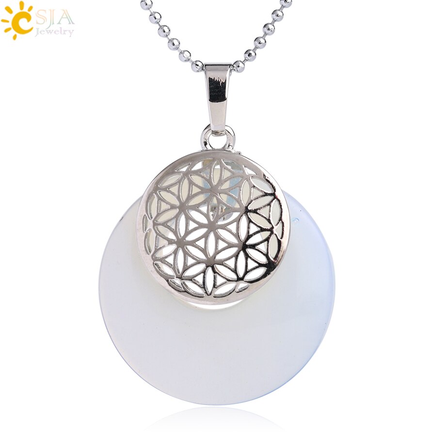 CSJA Natural Stone Flower of Life Pendant Necklace Reiki Amulets Hollow Out Circle Pendants Fit for Women Men Charm Jewelry G052