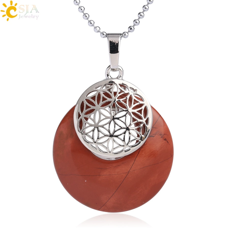 CSJA Natural Stone Flower of Life Pendant Necklace Reiki Amulets Hollow Out Circle Pendants Fit for Women Men Charm Jewelry G052