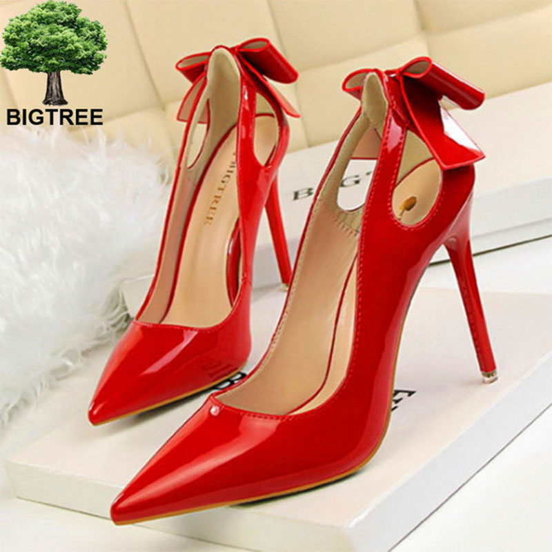 Bigtree Cut-outs Bowtie Pointed Toe 10cm High Heels Solid Patent Leather Shallow Woman Party Pumps Office Ol Shoes Woman