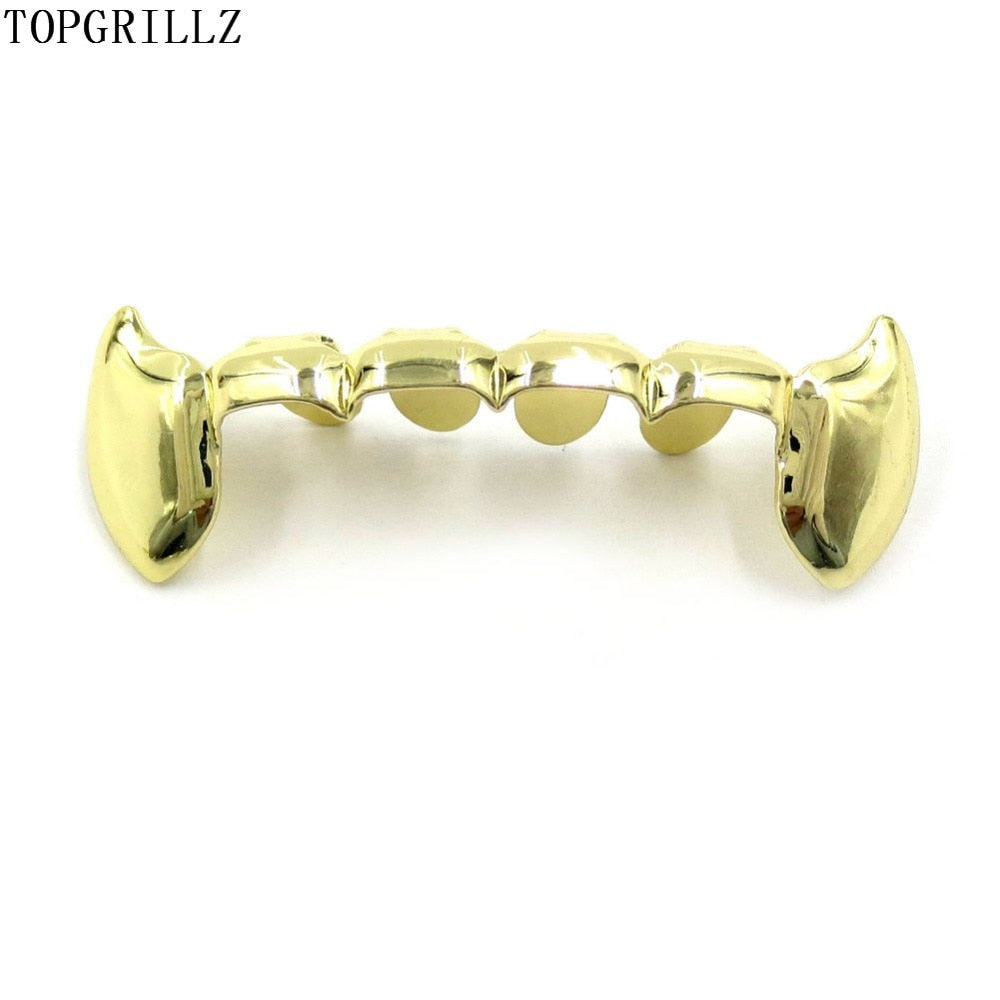 TOPGRILLZ Fang Grillz Set Gold Color Plated Half Teeth Dracula Vampire Fangs Slim Grills Gold Top & Bottom Grillz Teeth Set
