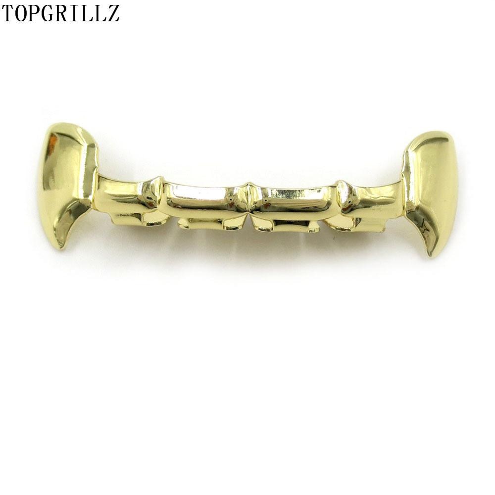 TOPGRILLZ Fang Grillz Set Gold Color Plated Half Teeth Dracula Vampire Fangs Slim Grills Gold Top & Bottom Grillz Teeth Set