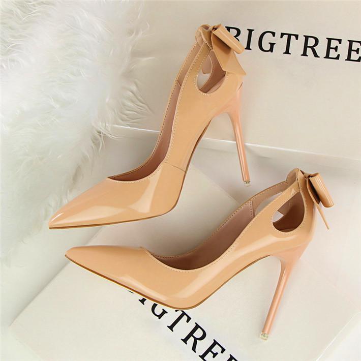 Bigtree Cut-outs Bowtie Pointed Toe 10cm High Heels Solid Patent Leather Shallow Woman Party Pumps Office Ol Shoes Woman