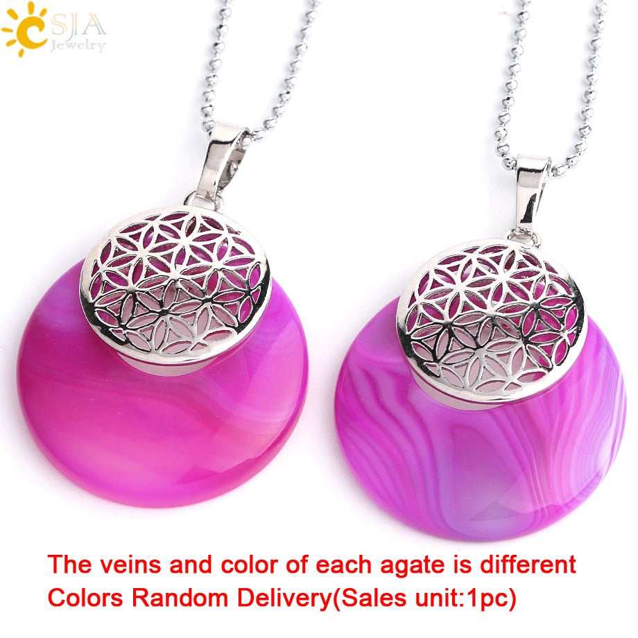 CSJA Natural Stone Flower of Life Pendant Necklace Reiki Amulets Hollow Out Circle Pendants Fit for Women Men Charm Jewelry G052