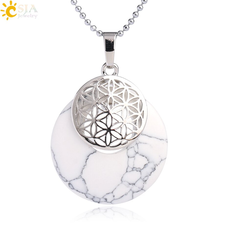 CSJA Natural Stone Flower of Life Pendant Necklace Reiki Amulets Hollow Out Circle Pendants Fit for Women Men Charm Jewelry G052