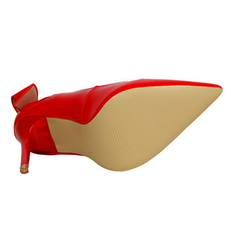 Bigtree Cut-outs Bowtie Pointed Toe 10cm High Heels Solid Patent Leather Shallow Woman Party Pumps Office Ol Shoes Woman