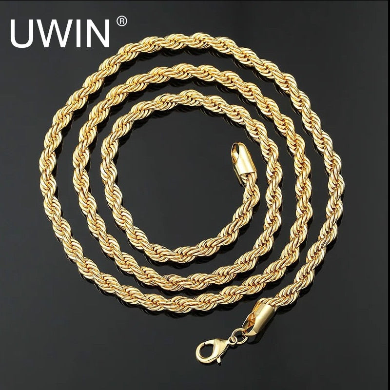 UWIN Men Women Hip Hop Rapper's Chain 3mm 18'' 20" 24" 30" Stainless steel Gold Color Rope Link Necklace Fashion Hip hop Jewelry