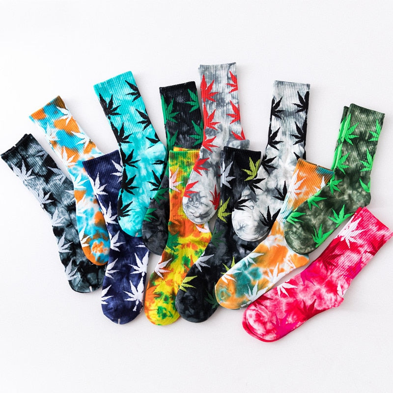 2019 High-quality Tie-dyed Maple Leaf Socks Long Fashion Weed Socks Men Skateboard Hiphop Socks Meias Women Couple Socks 1 Pairs