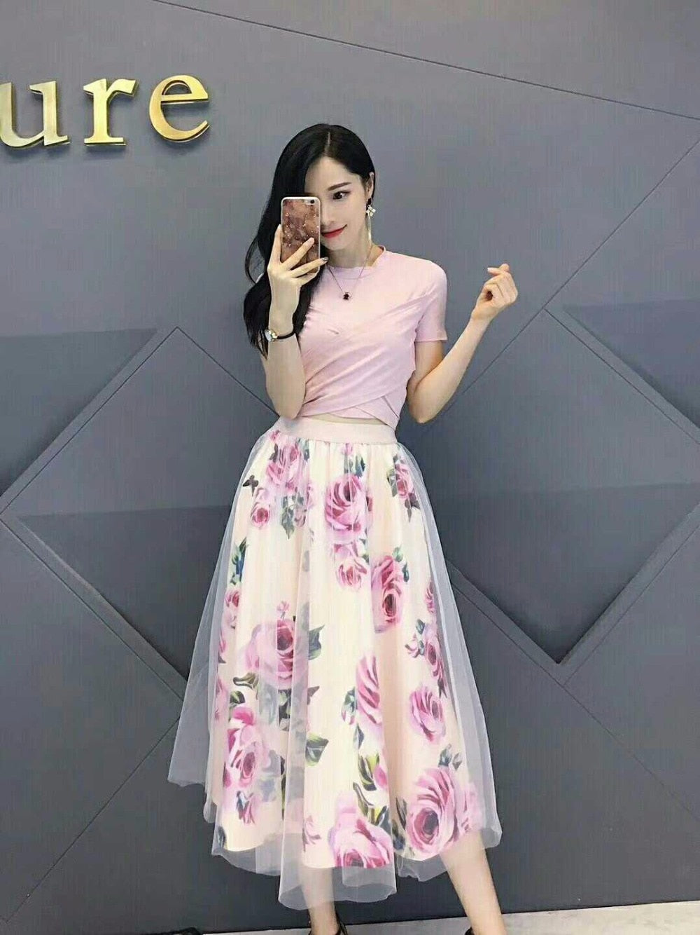 HIGH QUALITY Women Irregular T Shirt+Mesh Skirts Suits Bowknot Solid Tops Vintage Floral Skirt Sets Elegant Woman Two Piece Set