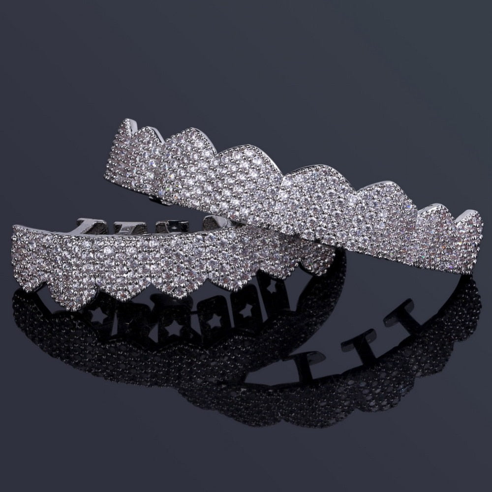 TOPGRILLZ Fit Gold Silver Color Iced Out Hip Hop Teeth Grillz Micro Pave Cubic Zircon Top & Bottom Teeth Grills Set