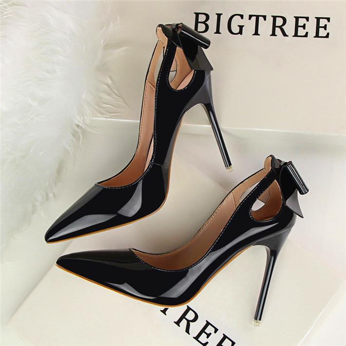Bigtree Cut-outs Bowtie Pointed Toe 10cm High Heels Solid Patent Leather Shallow Woman Party Pumps Office Ol Shoes Woman