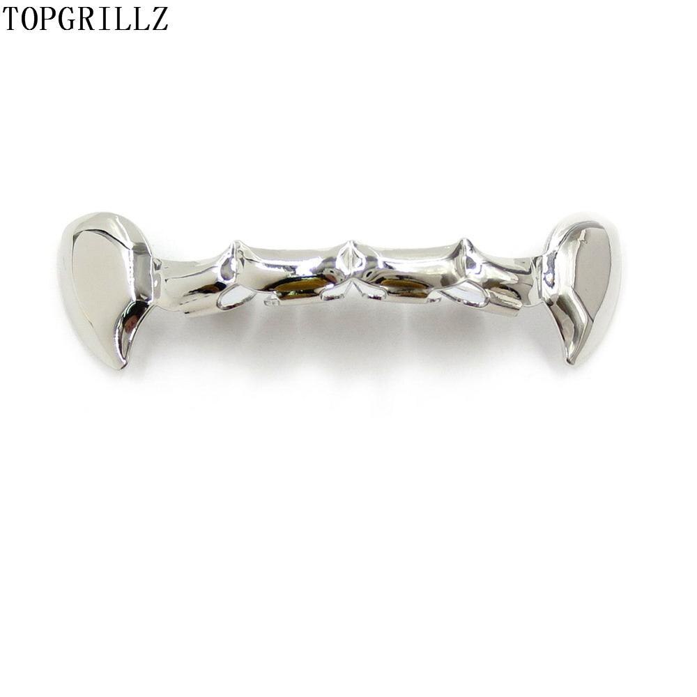 TOPGRILLZ Fang Grillz Set Gold Color Plated Half Teeth Dracula Vampire Fangs Slim Grills Gold Top & Bottom Grillz Teeth Set