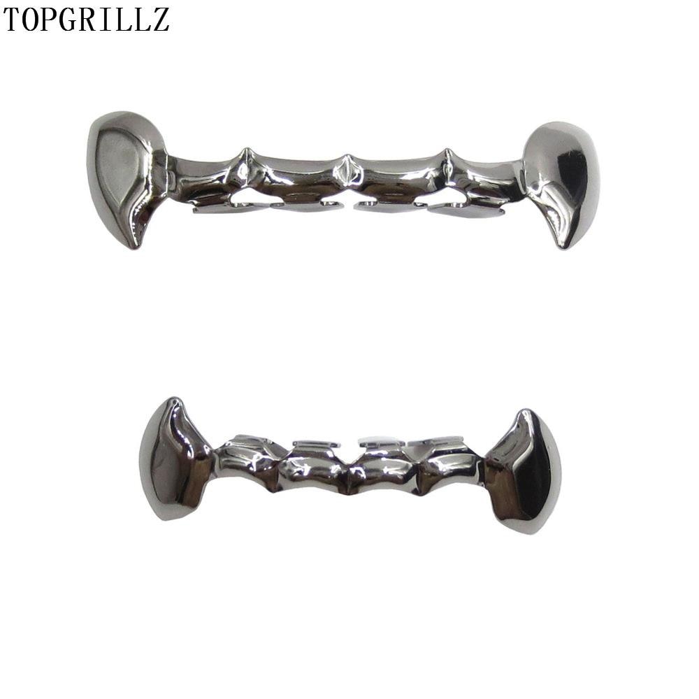 TOPGRILLZ Fang Grillz Set Gold Color Plated Half Teeth Dracula Vampire Fangs Slim Grills Gold Top & Bottom Grillz Teeth Set
