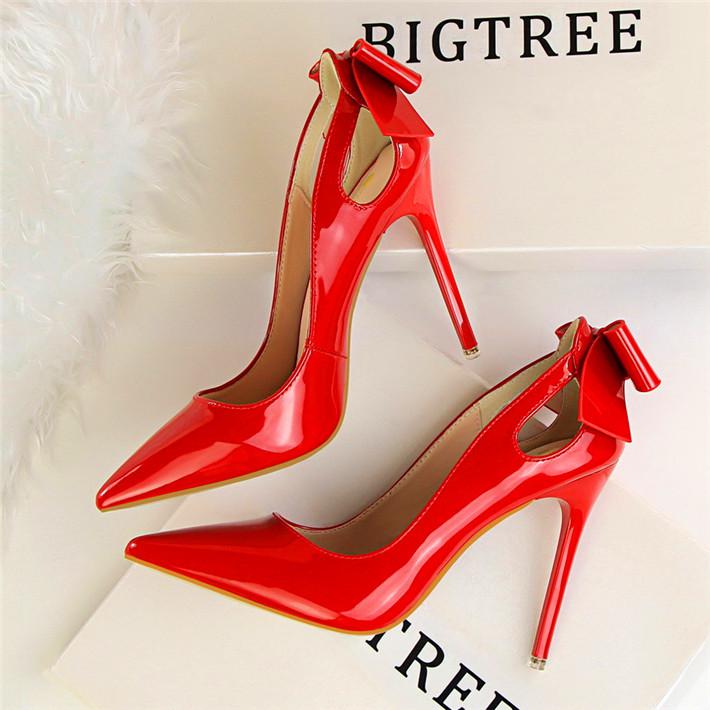 Bigtree Cut-outs Bowtie Pointed Toe 10cm High Heels Solid Patent Leather Shallow Woman Party Pumps Office Ol Shoes Woman