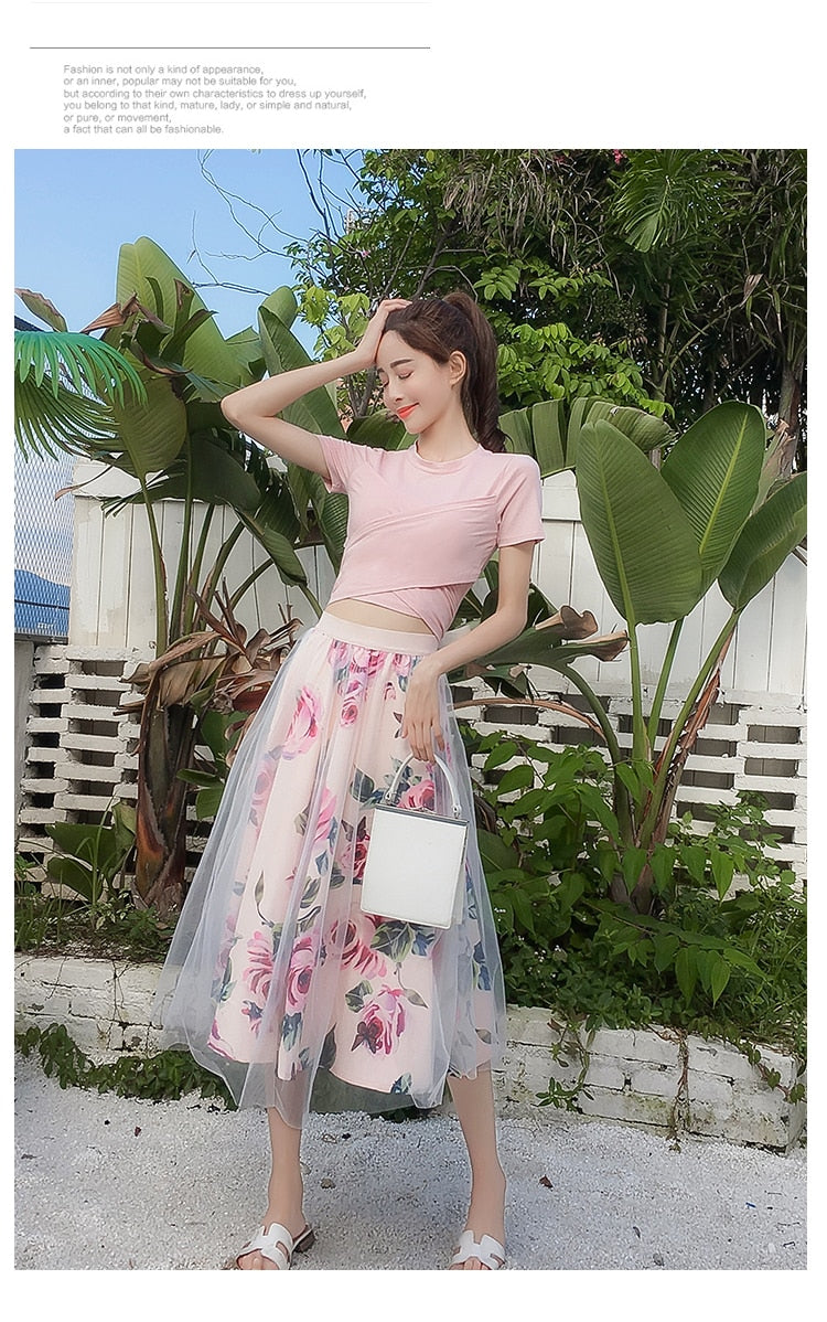 HIGH QUALITY Women Irregular T Shirt+Mesh Skirts Suits Bowknot Solid Tops Vintage Floral Skirt Sets Elegant Woman Two Piece Set