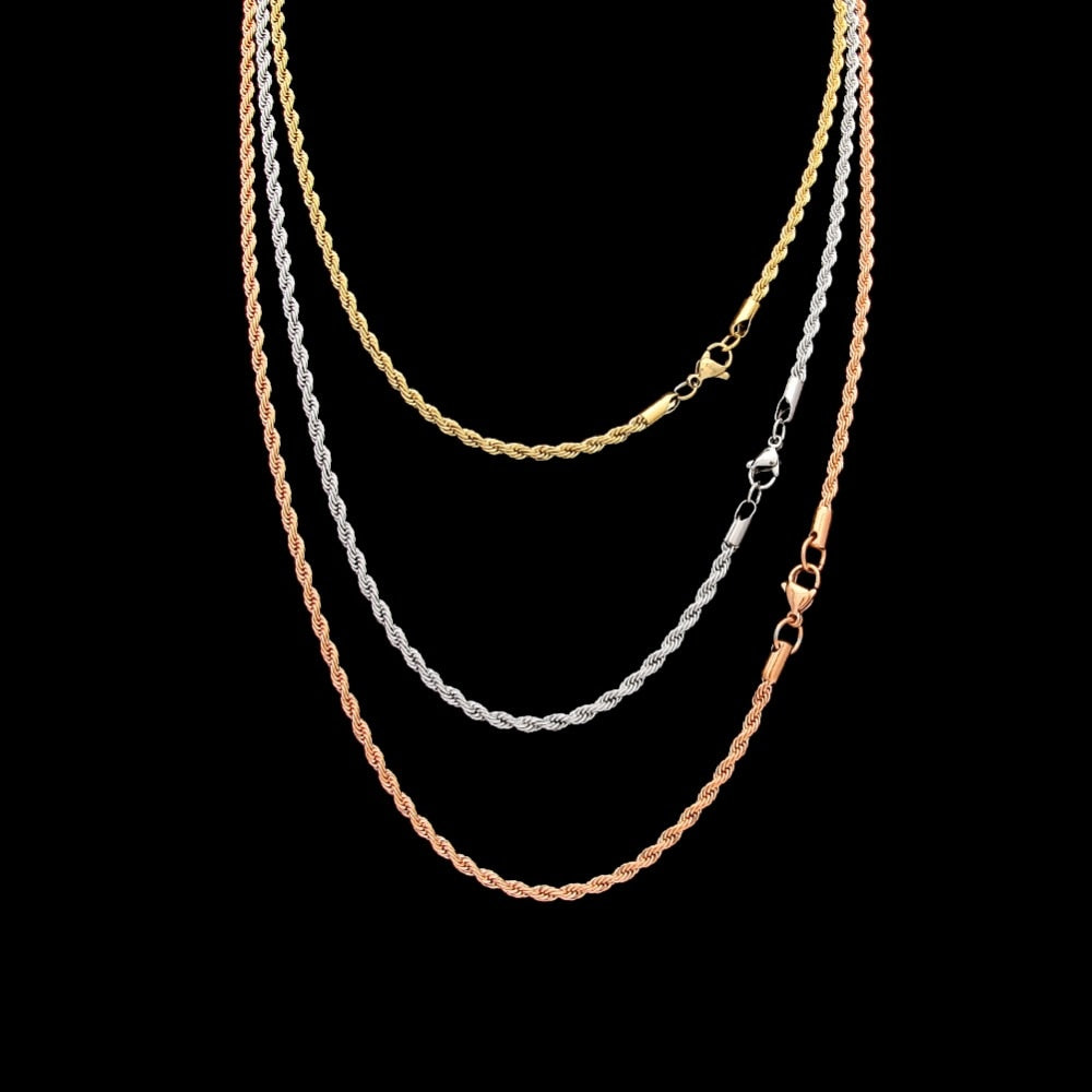 UWIN Men Women Hip Hop Rapper's Chain 3mm 18'' 20" 24" 30" Stainless steel Gold Color Rope Link Necklace Fashion Hip hop Jewelry