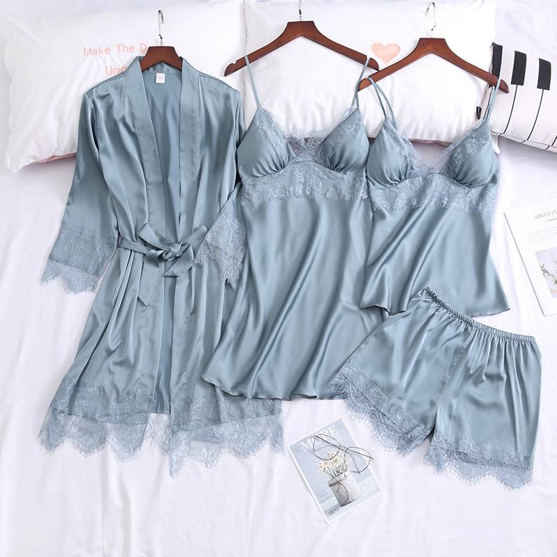 Lace Sexy Kimono Bathrobe Gown Satin Women Pink Sleepwear Casual Spring Summer New Nightwear Intimate Lingerie Homewear