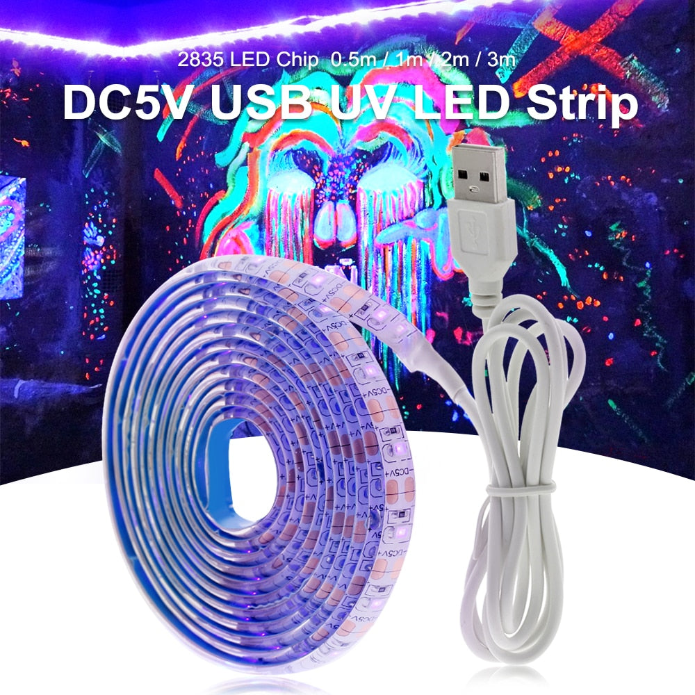 UV LED Strip Light 5V DC 2835 0.5M 1M 2M Waterproof Purple Ribbon Ultraviolet USB Rope Tape for DJ Fluorescence