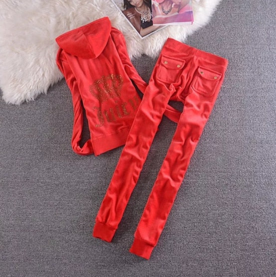 2022 Women's Elegant Velvet Tracksuit Two Piece Set Women Sexy Hooded Long Sleeve Top And Pants Bodysuit Suit
