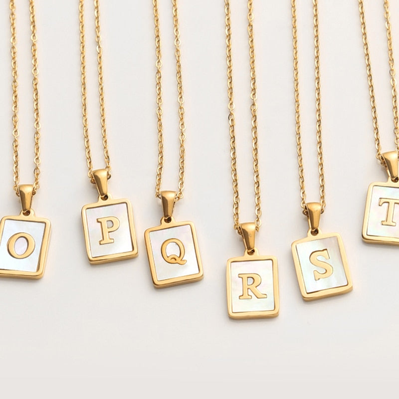 2021 Trend 18K Golden Chain Necklaces Male Square Natural Shell Initial Letters Pendant Stainless Steel Jewelry for Women Gifts