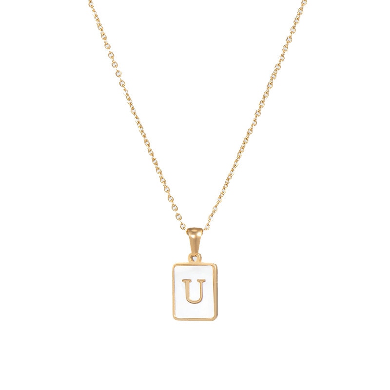 2021 Trend 18K Golden Chain Necklaces Male Square Natural Shell Initial Letters Pendant Stainless Steel Jewelry for Women Gifts