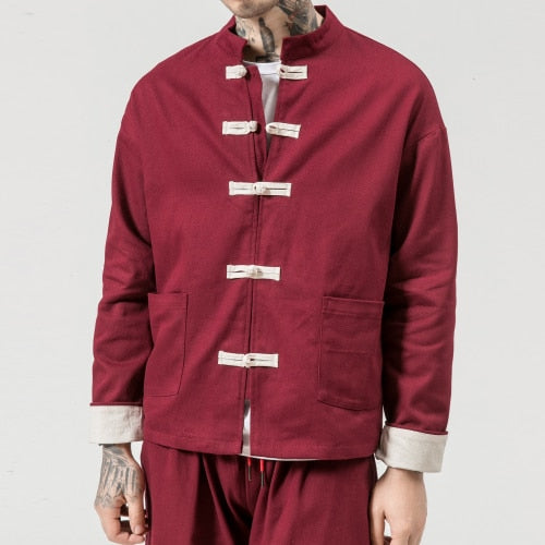 Kimono Jacket Men Men Cotton Jacket China Style Frog Closure Button Kongfu Coat Male Loose Parchwork Cardigan Overcoat 5XL