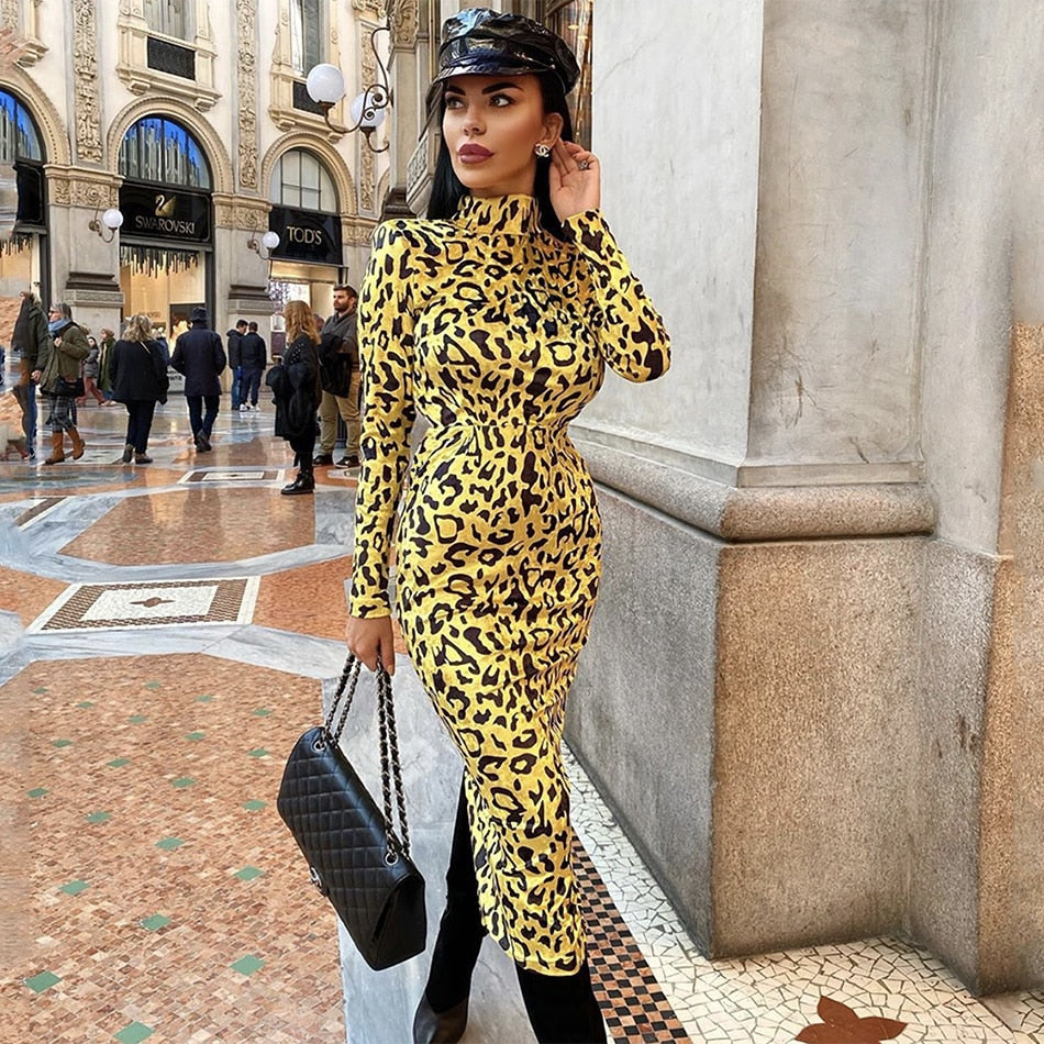 2021 Winter New Fashion Leopard Print Long Dress Elegant Women Long Sleeve Bodycon Dress Celebrity Evening Party Runway Vestidos