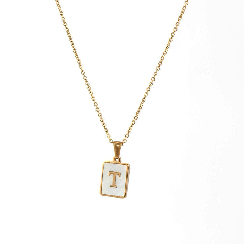 2021 Trend 18K Golden Chain Necklaces Male Square Natural Shell Initial Letters Pendant Stainless Steel Jewelry for Women Gifts