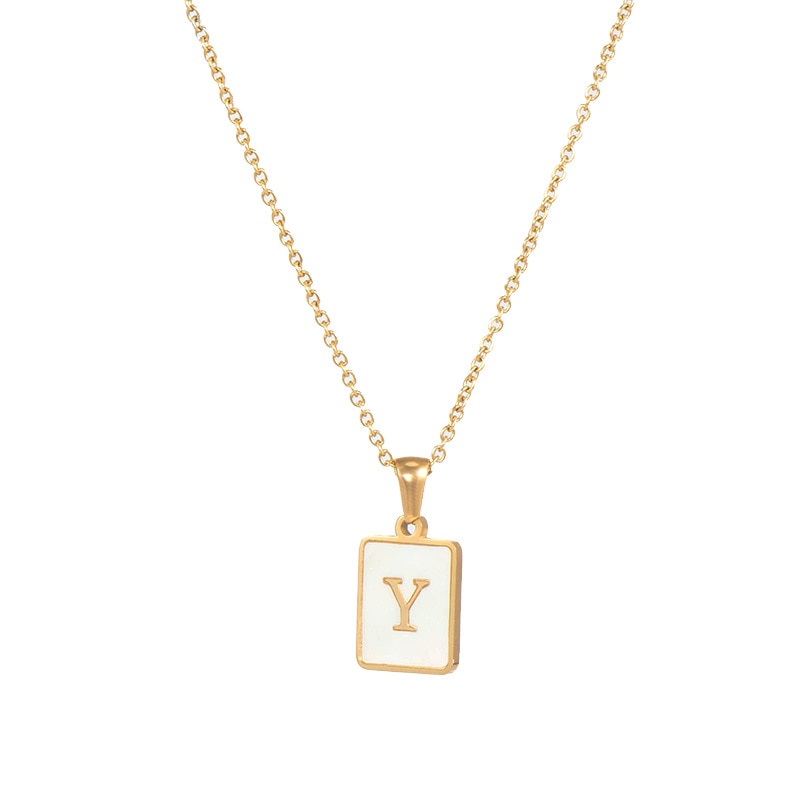 2021 Trend 18K Golden Chain Necklaces Male Square Natural Shell Initial Letters Pendant Stainless Steel Jewelry for Women Gifts