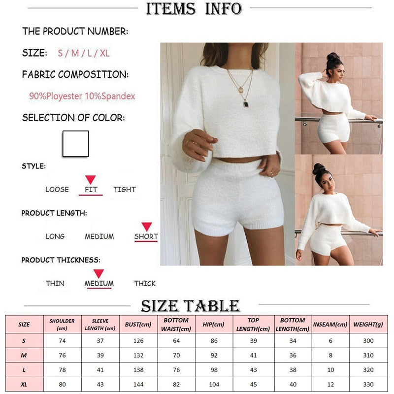 Women Soft Fluffy 2 Piece Set O Neck Long Sleeve Crop Bouse Top High Waist Skinny Shorts Pant Casual Matching Outfits Lady Suits
