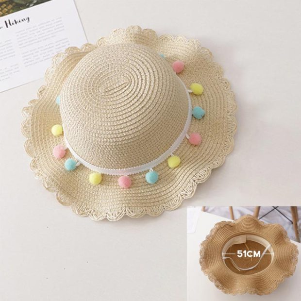 Bear Learder Girl Hat 2022 Summer Cap Breathable Straw Hats Colorful Ball Sweet Princess Hat Seaside With Bag Kids Hats 2-6Y