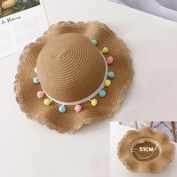 Bear Learder Girl Hat 2022 Summer Cap Breathable Straw Hats Colorful Ball Sweet Princess Hat Seaside With Bag Kids Hats 2-6Y