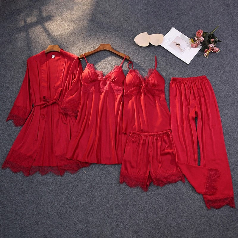 Lace Sexy Kimono Bathrobe Gown Satin Women Pink Sleepwear Casual Spring Summer New Nightwear Intimate Lingerie Homewear