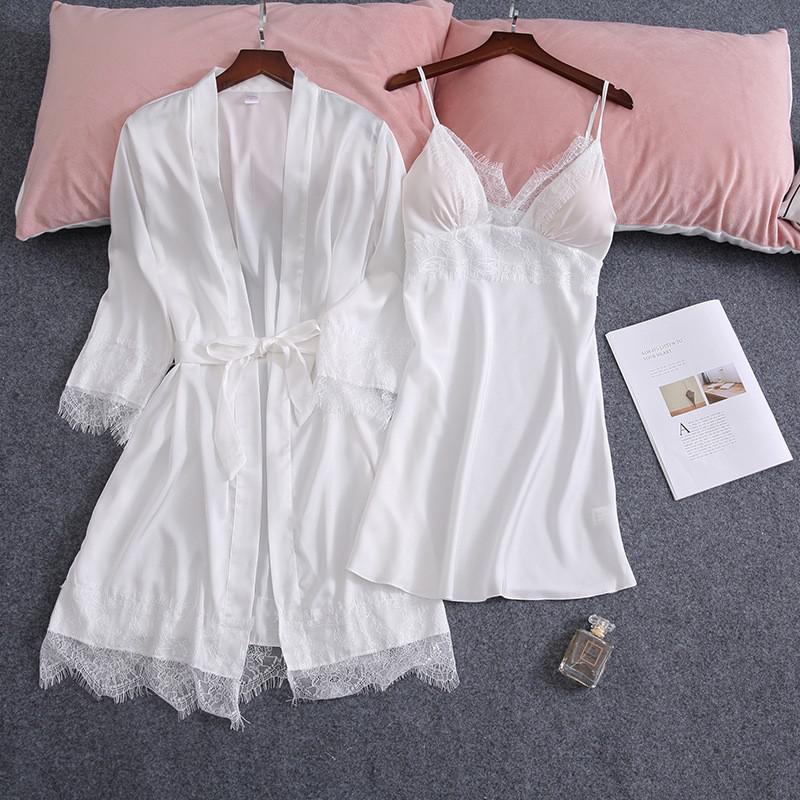 Lace Sexy Kimono Bathrobe Gown Satin Women Pink Sleepwear Casual Spring Summer New Nightwear Intimate Lingerie Homewear