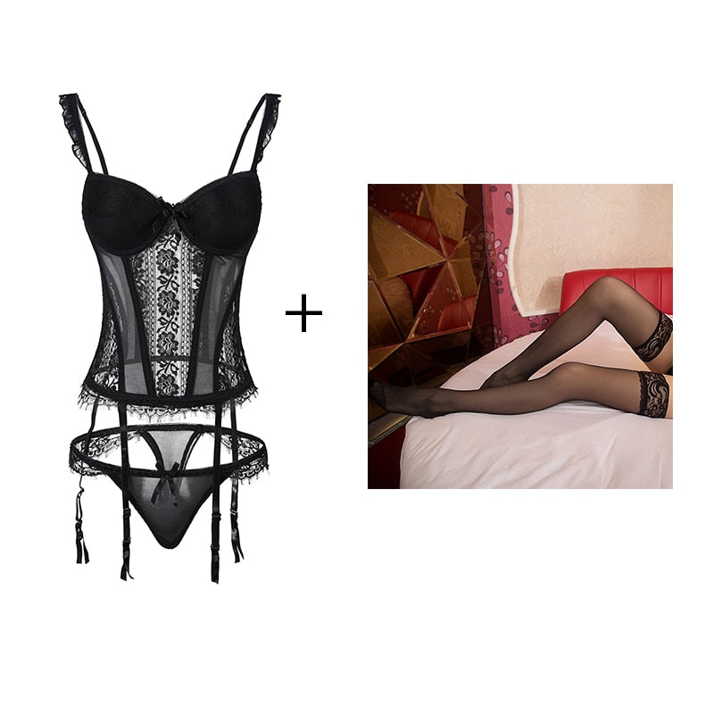 CINOON New Elasticity Corset Sexy underwear Lace up Body Bustier Overbust With Straps Belt Black Breathable Lingerie