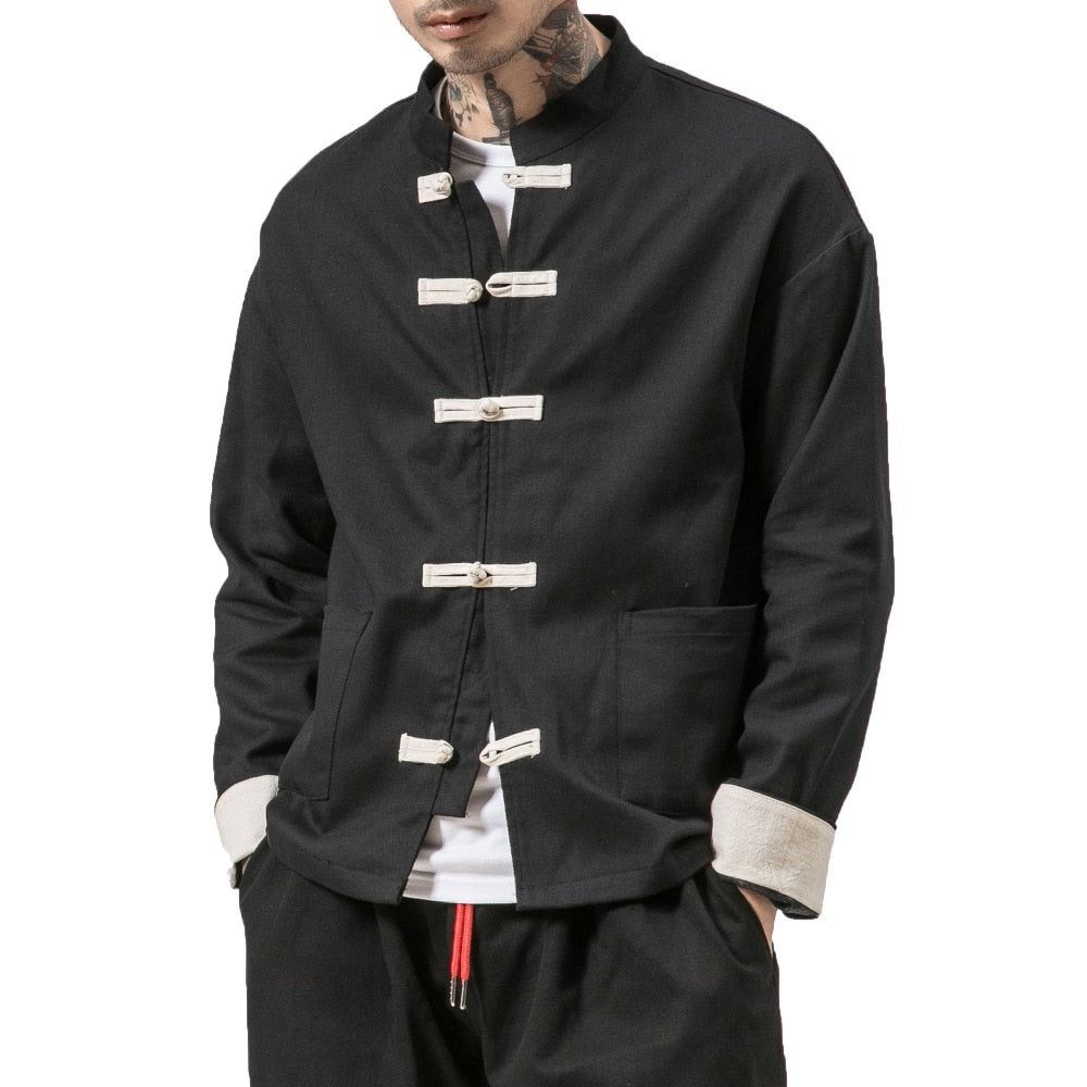 Kimono Jacket Men Men Cotton Jacket China Style Frog Closure Button Kongfu Coat Male Loose Parchwork Cardigan Overcoat 5XL