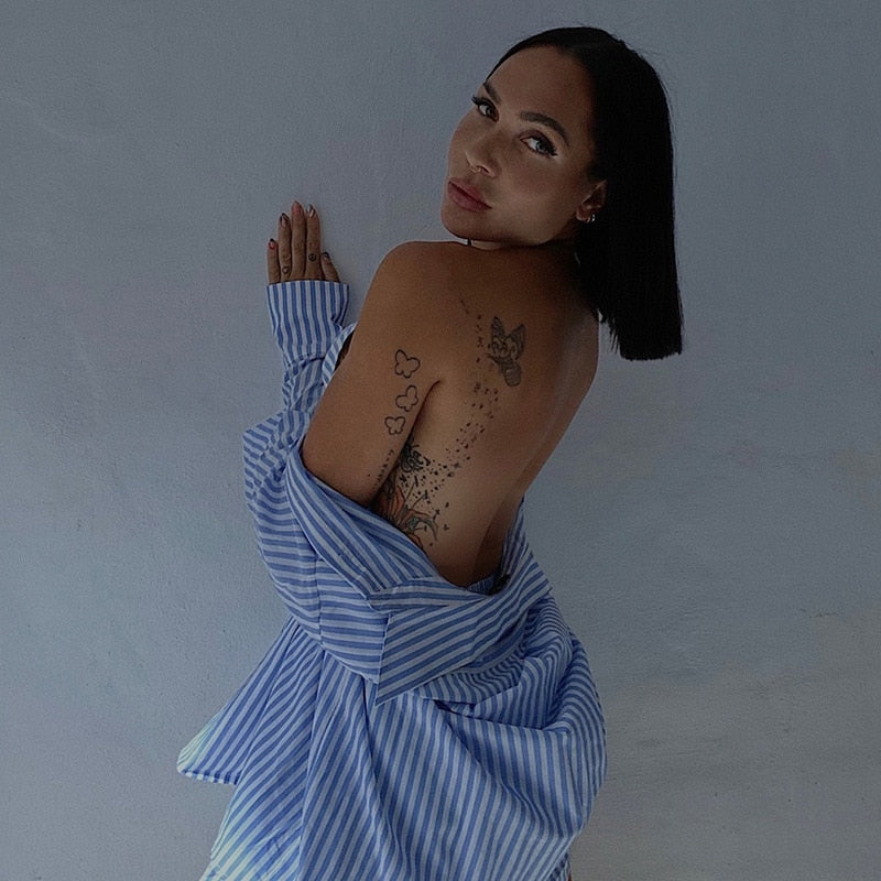 Cryptographic Fashion Casual Striped Blouse Shirts and Shorts Matching Set Loose Shirt Sleeve Top Outfits Summer 2021 Women Set