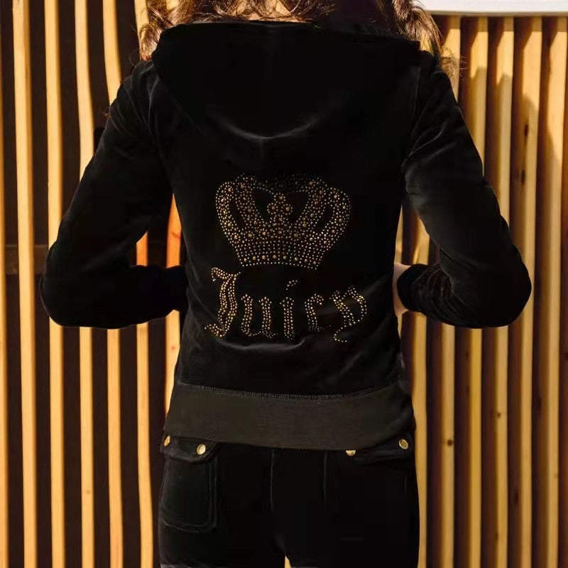 2022 Women's Elegant Velvet Tracksuit Two Piece Set Women Sexy Hooded Long Sleeve Top And Pants Bodysuit Suit