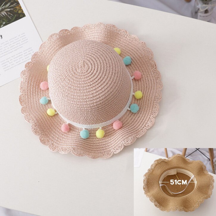 Bear Learder Girl Hat 2022 Summer Cap Breathable Straw Hats Colorful Ball Sweet Princess Hat Seaside With Bag Kids Hats 2-6Y