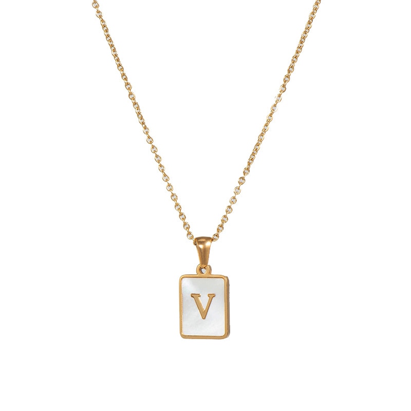 2021 Trend 18K Golden Chain Necklaces Male Square Natural Shell Initial Letters Pendant Stainless Steel Jewelry for Women Gifts
