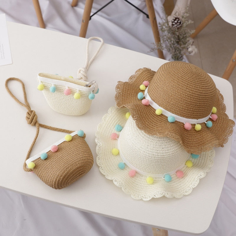Bear Learder Girl Hat 2022 Summer Cap Breathable Straw Hats Colorful Ball Sweet Princess Hat Seaside With Bag Kids Hats 2-6Y