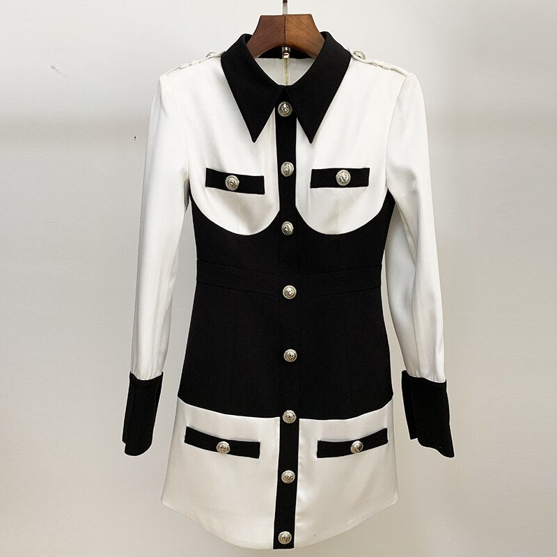 HIGH STREET 2022 Newest Designer Dress Women's Long Sleeve Color Block Patchwork Shirt Collar Lion Buttons Dress