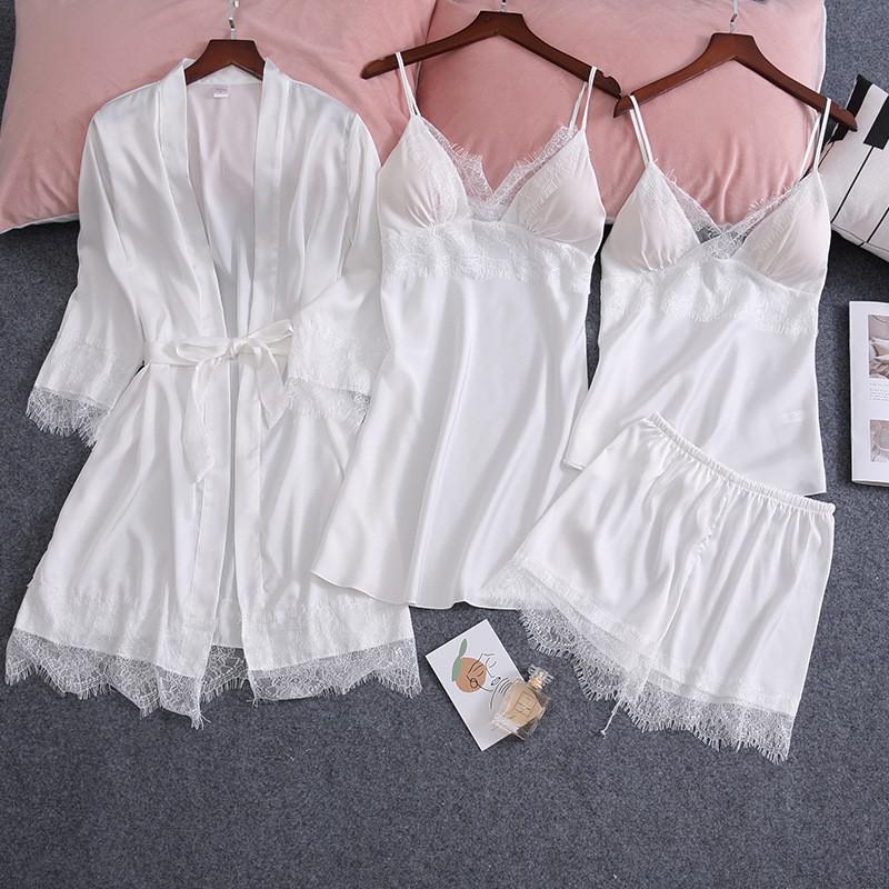 Lace Sexy Kimono Bathrobe Gown Satin Women Pink Sleepwear Casual Spring Summer New Nightwear Intimate Lingerie Homewear