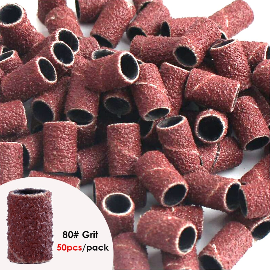 100/50pc Sanding Cap Bands For Electric Manicure Machine 180/120/80 Grit Nail Drill Grinding Bit Files Pedicure Tool Set BEND261