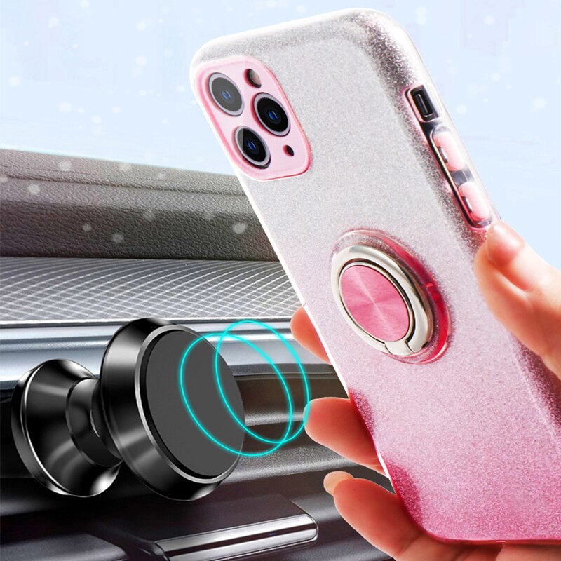 Bling Glitter Gradient Soft Case For iPhone 12 Pro Max 11 XS X XR 7 8 Plus SE 2020 Phone With Ring Holder Stand Cover Women Girl