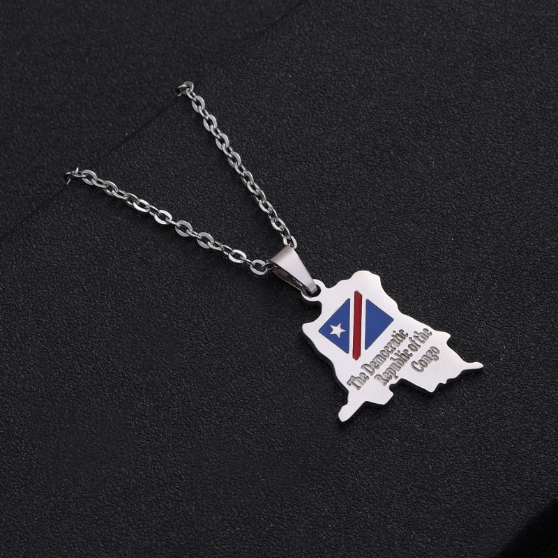 Fashion Africa Democratic Republic of the Congo Map Pendant Necklace Stianless Steel Men Women Congolese Ethnic Jewelry Gift